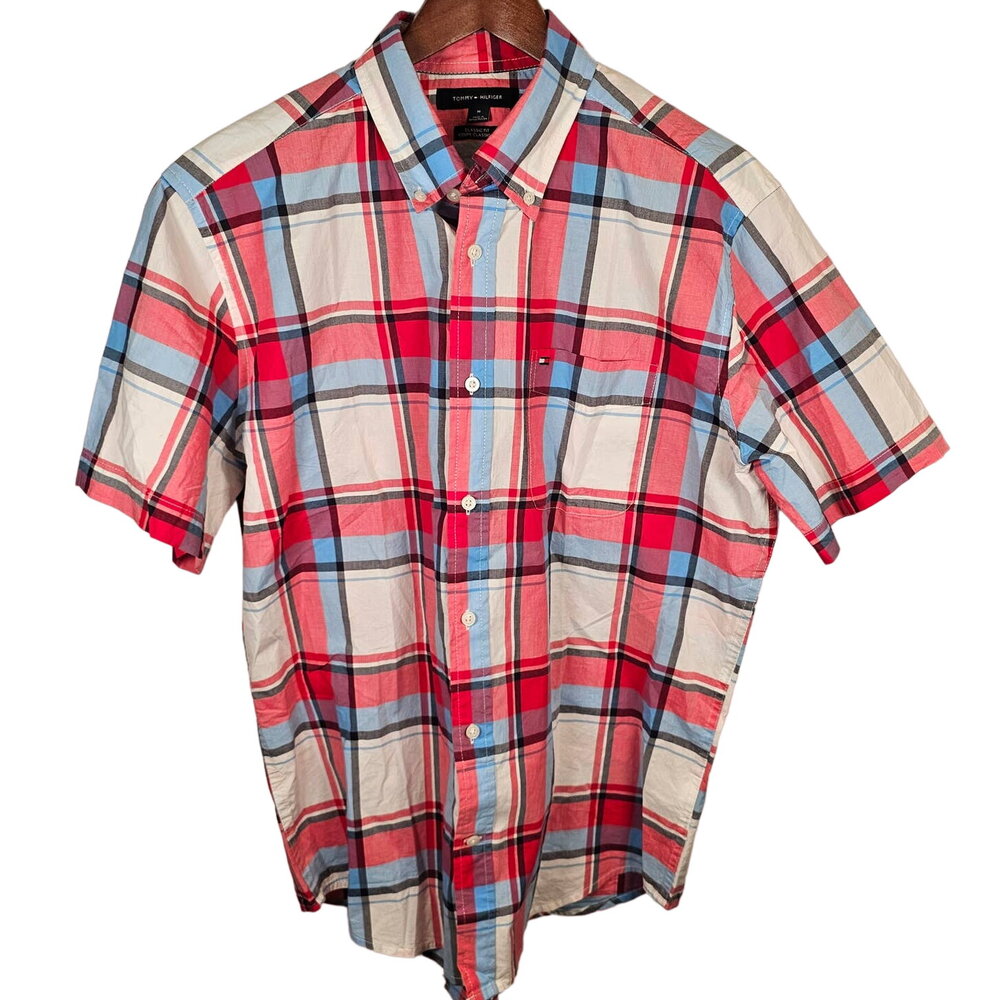 Tommy Hilfiger Y2K Medium Classic Fit Plaid Button Short Sleeve Shirt EUC Pocket